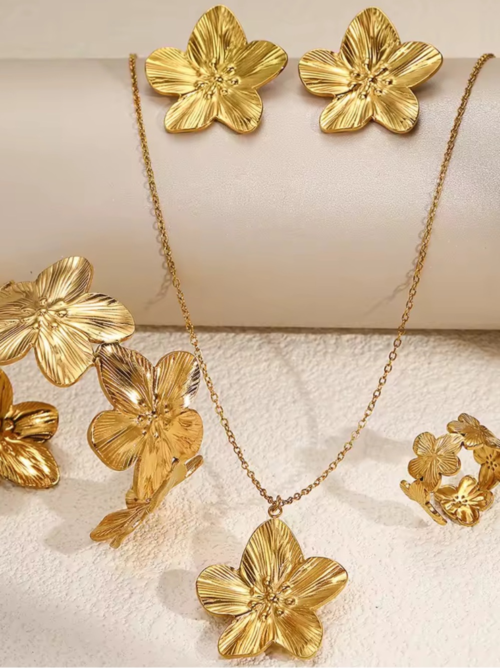 Gold Floral Pendant Necklace, Bracelet, Ring Stud Earrings Set
